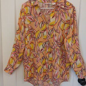 Isaac Mizrahi 100% Linen Women's Top Blouse Medium Tropical Button Up